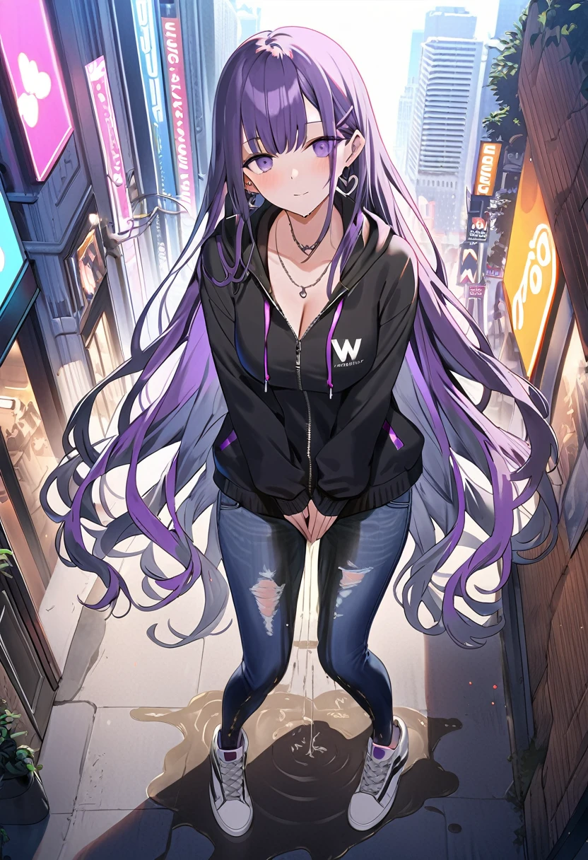 (masterpiece:1.37), best quality, (extremely detailed:1.37), woman, (very long hair:1.5), dark purple hair, purple eyes, (extremely detailed eyes:1.37), hoodie, navel, jeans, open fly, desperation, (wetting: self 3.0), standing, city, futuristic, neon lighting, high-tech