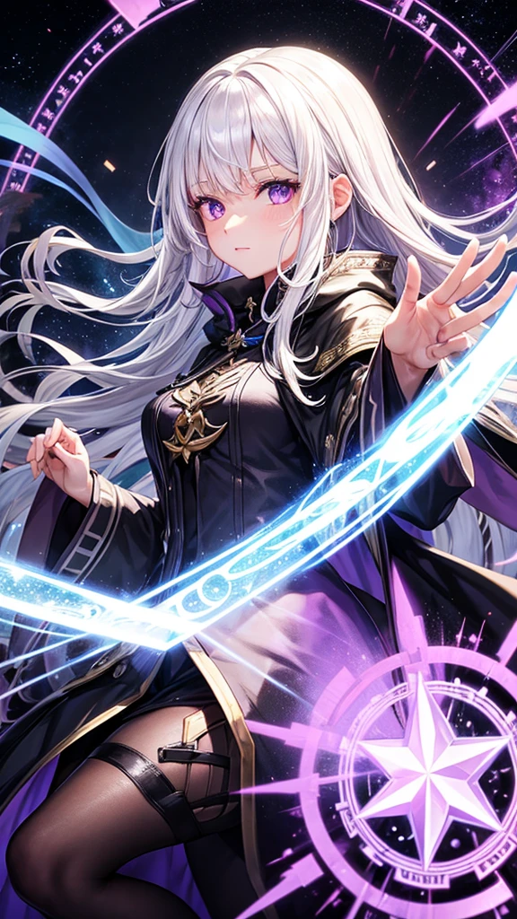 A girl, white hair, purple eyes, all black Wizard outfit, night, Magic circle, 