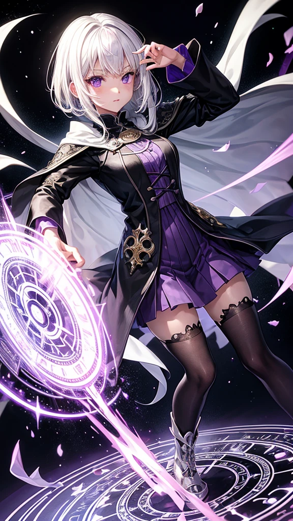 A girl, white hair, purple eyes, all black Wizard outfit, night, Magic circle, 