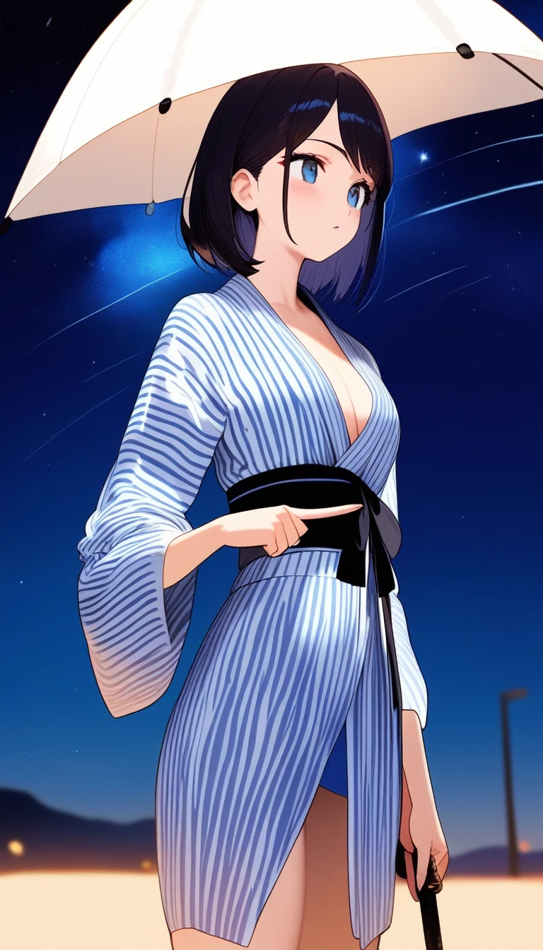 A black-haired girl pointing at the starry sky of Tanabata。She is wearing a light blue yukata with a summery blue and white pattern.、Distant starry sky。A girl in the distance。