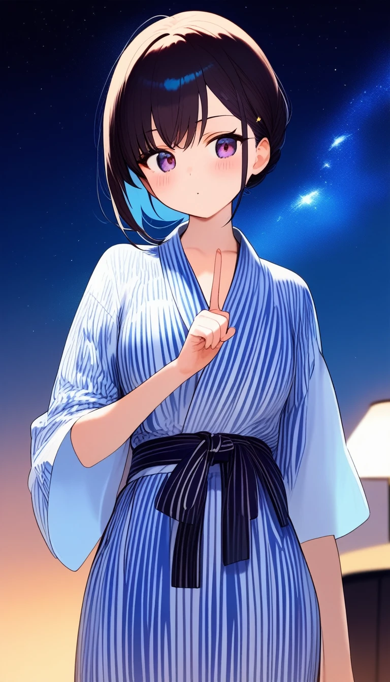 A black-haired girl pointing at the starry sky of Tanabata。She is wearing a light blue yukata with a summery blue and white pattern.、Distant starry sky。A girl in the distance。