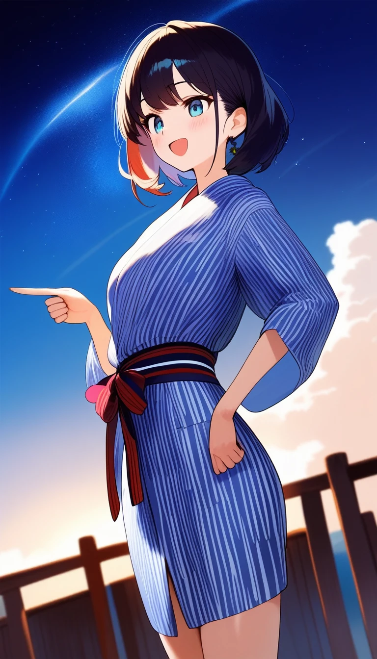 A black-haired girl pointing at the starry sky of Tanabata。She is wearing a light blue yukata with a summery blue and white pattern.、Distant starry sky。A girl in the distance。