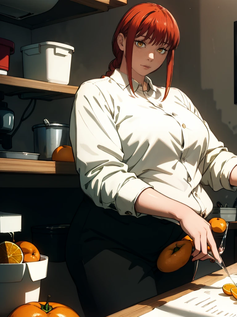 Le personnage Makima de la série animée Chainsaw Man, fragile, obésité morbide, ssbbw, pleine longueur (corps entier 1.1.), fond sombre, obscurité, anatomie correcte 1.1, anatomie correcte de la main, Très féminin, corps gras et rond, grosses Jambes, fesses, beau corps obèse, ventre rond et mou très gras, ventre énorme et gras, tres grosse, obésité, cheveux roux, Yeux oranges, Cercles rouges pour les écoliers, chemise blanche, jupe noire, cravate noire, pose sexy, réaliste, very détaillé, beau corps, détaillé body, détaillé hands, détaillé, vibrant, détaillé Face, Conception des personnages de Makima. very détaillé, détaillé body, détaillé hands, détaillé Face, Art animé, Hugh Détails, Visage très abattu, détaillé eyes, Illustration ultra fine, Meilleure ombre, détail fin, beautiful détaillé glow, beautiful détaillé, Extraordinairement beau, extremely détaillé, inexpressif, composition épique, Style animé. art animé, Style animé. Jupe noire, chemise blanche, cravatte, pose sexy