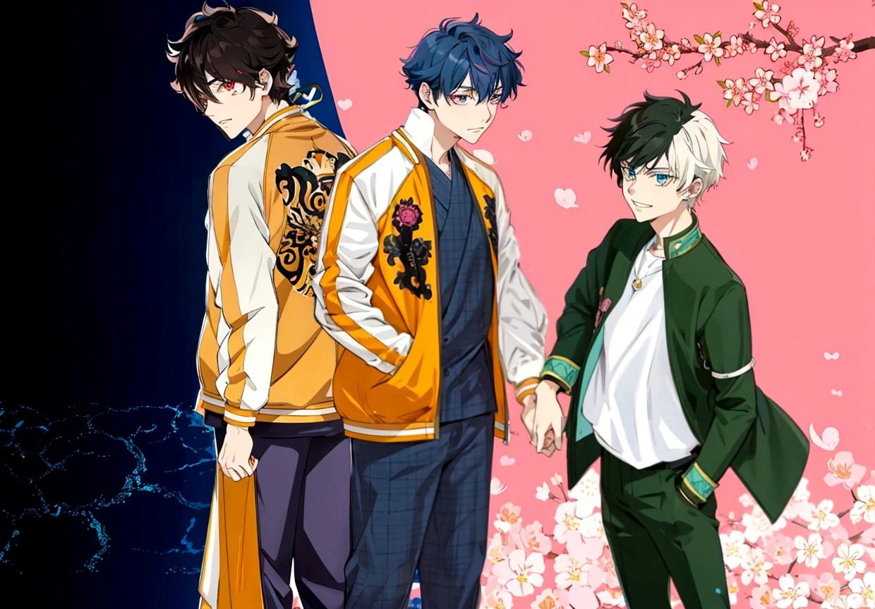 anime characters next to each other in front of a pink background, inspired by Okumura Masanobu, anime cover, bishounen, koyoharu gotouge, anime styling 2022, 2 0 2 2 anime styling, anime styling, anime styling, male anime style, apenas anime styling, two handsome anime men, shonen style