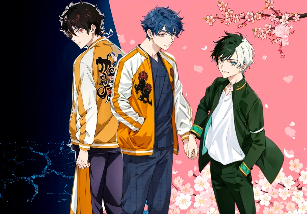 anime characters next to each other in front of a pink background, inspired by Okumura Masanobu, anime cover, bishounen, koyoharu gotouge, anime styling 2022, 2 0 2 2 anime styling, anime styling, anime styling, male anime style, apenas anime styling, two handsome anime men, shonen style