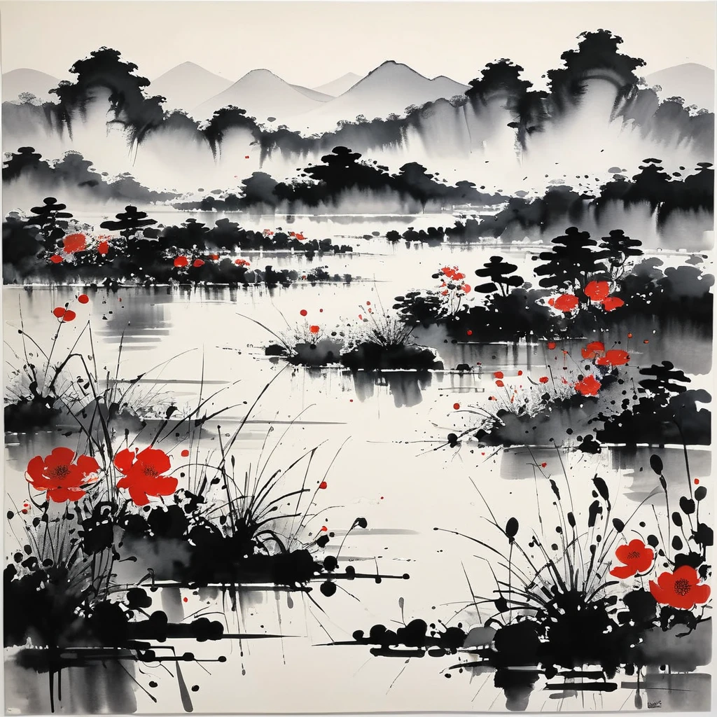 (abstract ink painting:1.5)，author:Wu Guanzhong,author:Wu Guanzhong，Wu Guanzhong&#39;s Artistic Style，The fusion of Chinese ink painting and modernist aesthetics，Simple yet powerful lines and shapeinimalist, feudal art, feudal art Japan, Asian Focal point, 