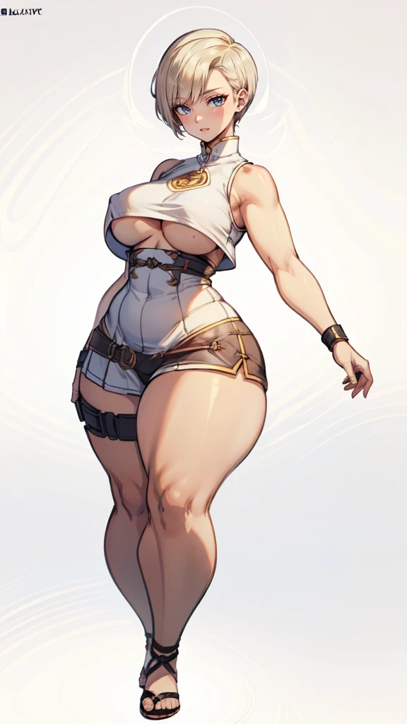 (masterpiece), best quality, female warrior, huge girl, female muscular:1.2, ((very short hair:1.6)), blonde hair, big breast, (curvy:1.8), (((blank background))), ((full body)), fingerless gloves, sandals, sleeveless, covered nipples, (underboobs:1.3), tshirt top, shaved hair, (buzzcut hairstyle), white socks