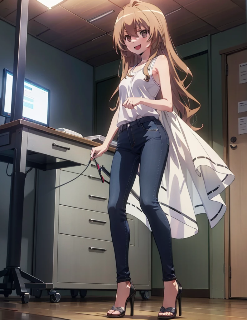taiga aisaka, taiga aisaka, Long Hair, Brown Hair, Brown eyes,happy smile, smile, Open your mouth,Brown tank top,Skinny jeans,Stiletto heels,There is a computer on the table,interior,Chair,Are standing,whole bodyがイラストに入るように,
break indoors, office,
break looking at viewer, whole body,
break (masterpiece:1.2), Highest quality, High resolution, unity 8k wallpaper, (shape:0.8), (Beautiful attention to detail:1.6), Highly detailed face, Perfect lighting, Highly detailed CG, (Perfect hands, Perfect Anatomy),