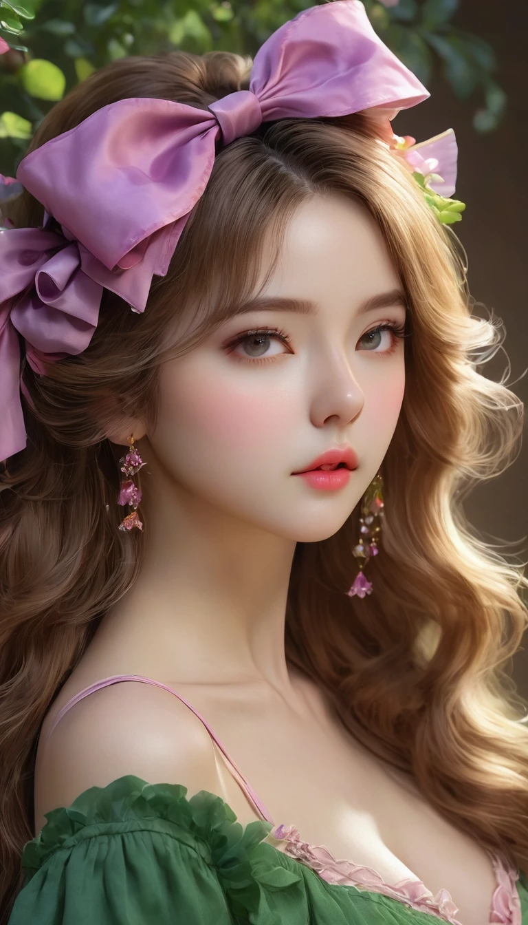 Ultra-realistic CG K ,((premium、8k、32k、Masterpiece、NFFSW:1.3)), (superfine illustration)、(super high resolution), (((adult body))), (Masterpiece, Best Quality:1.2),a beautiful girl，Skin details processing...，The eyes are finely described...，delicate hair，long wavy hair，long light hair，She has a big bow on her head..，modern clothing ,pink violet, yellow and green，clean background