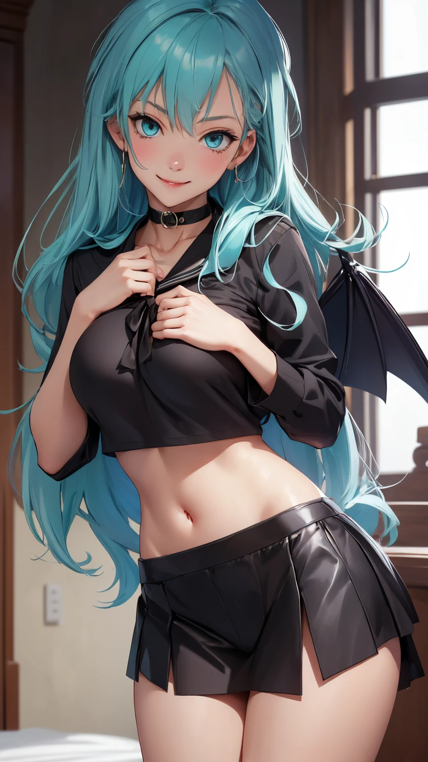 (masterpiece, best quality, detailed) , solo, looking at viewer, highlieg panties, (sexy pose:1.3), bat wings, black skirt, black shirt, naughty smile, sailor collar, navel, midriff, underboob, choker, suzuya, kantai collection, aqua hair, aqua eyes, (very large breasts:1.4), adult, 