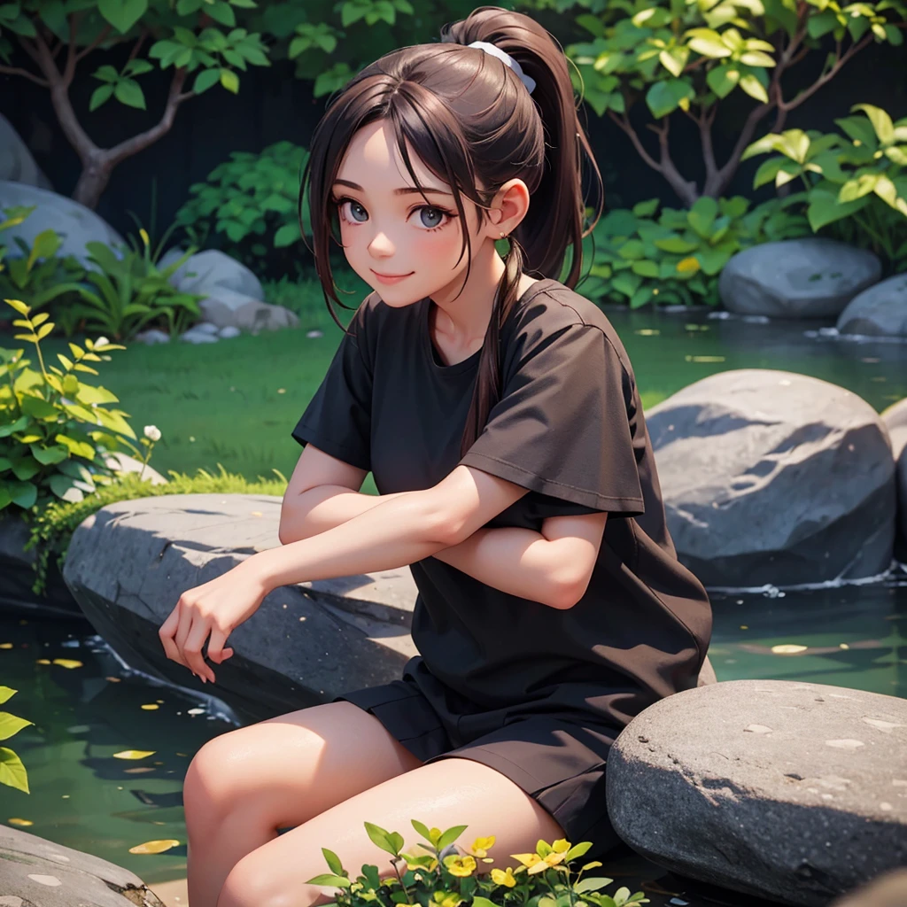 girl with ponytail hair sitting on a rock with a garden, black shirt in the background, her hands are resting on the rock she looks at the camera with a beautiful smile
