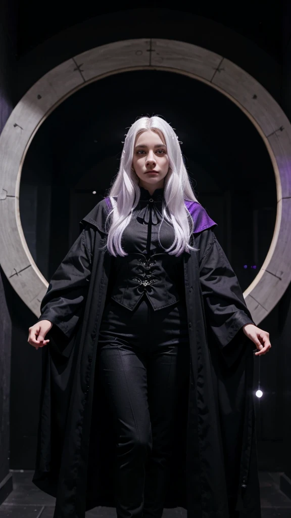 A girl, white hair, purple eyes, all black Wizard outfit, night, Magic circle,