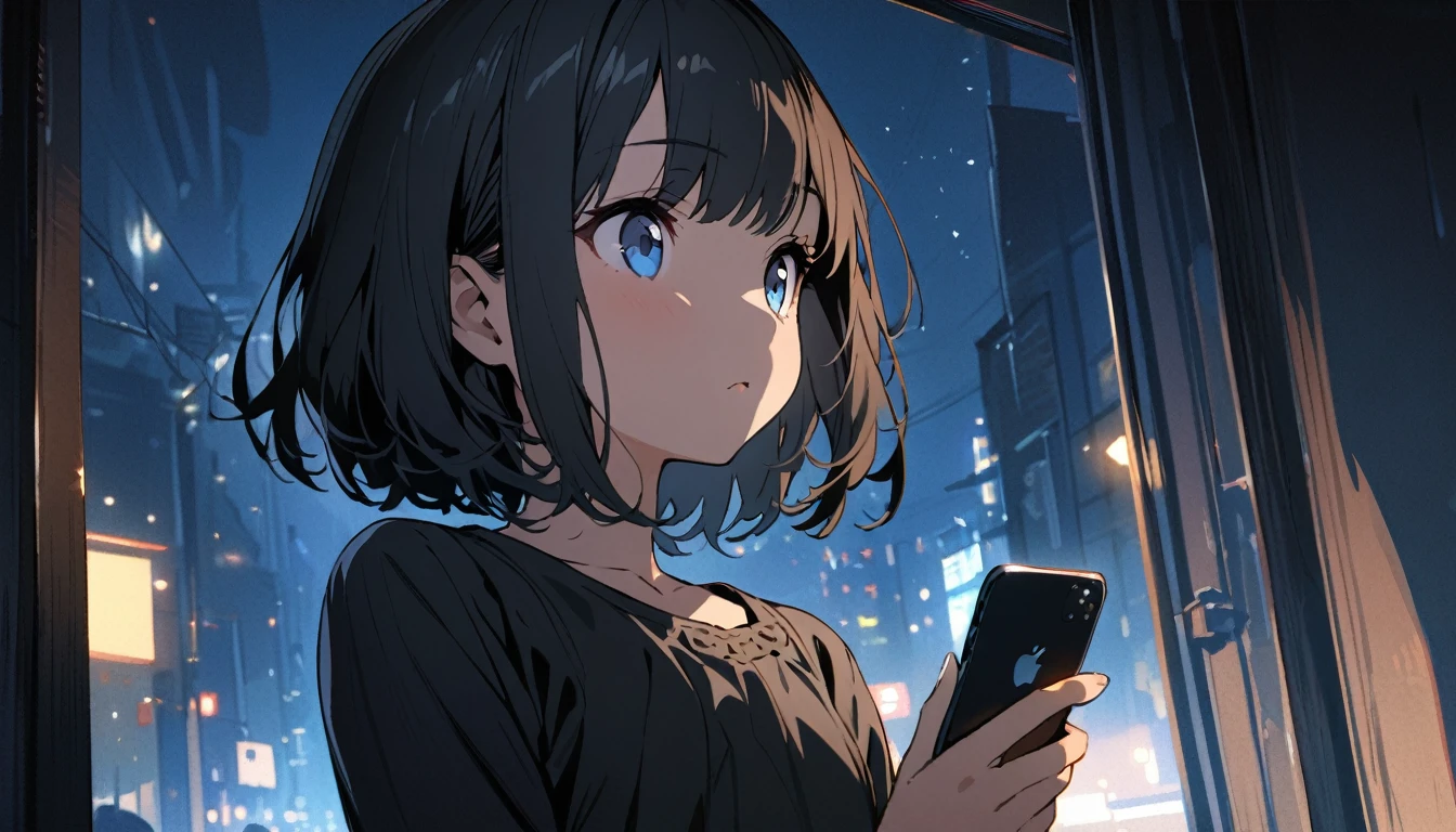 (1girl in),(beautiful blue eyes finely detailed、black hair, short hair, short bob hairFace to detail、flat chest, masterpiece sidelighting、​masterpiece、top-quality、detaileds、High resolution illustration), a girl looking at iPhone, waiting for the reply from a guy who she is interested in, city pop, white and black, nostalgic, night, sexy