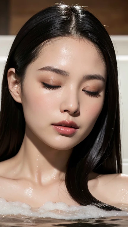 ((Surreal、Super detailed image, maybe a photo.,Captures the details of the skin texture of an incredibly beautiful woman.))long black hair。Close portrait with eyes closed, open mouth. orgasm, taking a bath, warm bath water, steam, relaxed expression,