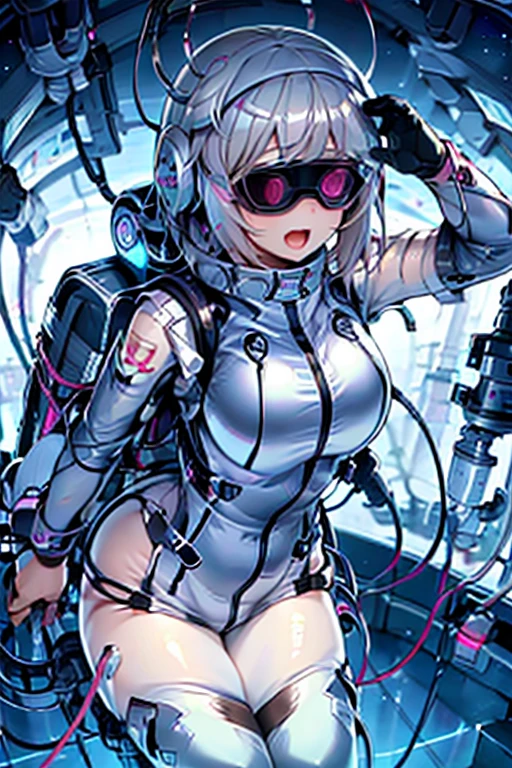 1 Girl, whole body, (space helmet):10,He has a large metal helmet on his head that covers his hair and eyes., tube, wire, She gets electrocuted, brainwashing,astrovest,bing_astronaut,blush,torogao,