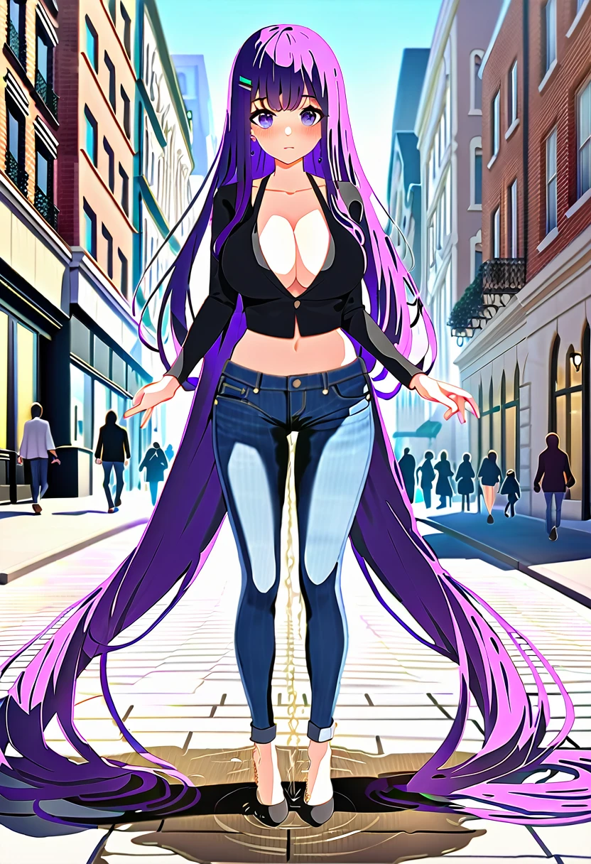 (masterpiece:1.37), best quality, (extremely detailed:1.37), woman, (very long hair:1.5), (dark purple hair:1.5), purple eyes, (extremely detailed eyes:1.37), standing, (wetting self:1.5), large breasts, stylish jacket, multicolored jackt, jeans, cleavage, navel, city, high-tech, street, full body