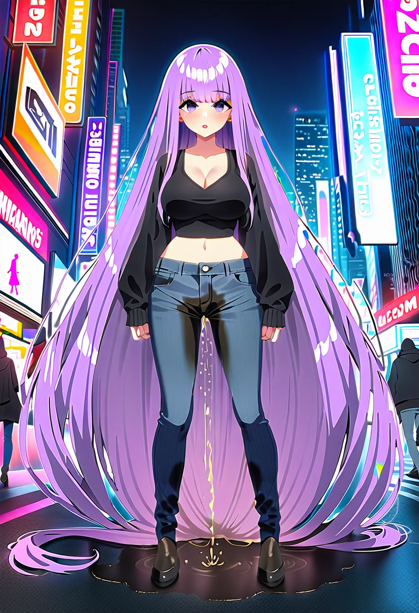 (masterpiece:1.37), best quality, (extremely detailed:1.37), woman, (very long hair:1.5), (dark purple hair:1.5), purple eyes, (extremely detailed eyes:1.37), standing, (wetting self:1.5), large breasts, stylish jacket, multicolored jackt, jeans, cleavage, navel, city, high-tech, street, full body