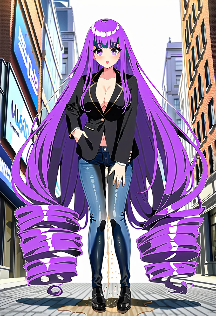 (masterpiece:1.37), best quality, (extremely detailed:1.37), woman, (very long hair:1.5), (dark purple hair:1.5), purple eyes, (extremely detailed eyes:1.37), standing, (wetting self:1.5), large breasts, stylish jacket, multicolored jackt, jeans, cleavage, navel, city, high-tech, street, full body