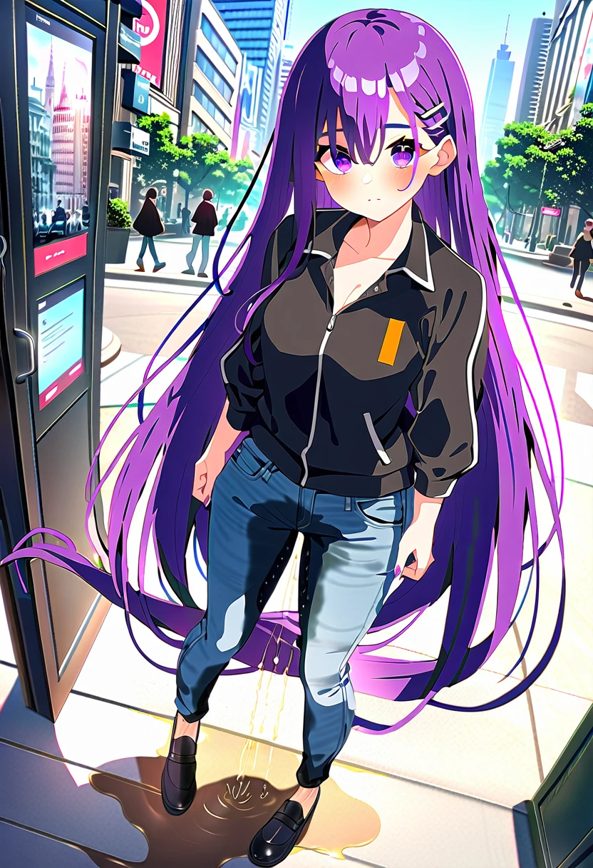 (masterpiece:1.37), best quality, (extremely detailed:1.37), woman, (very long hair:1.5), (dark purple hair:1.5), purple eyes, (extremely detailed eyes:1.37), standing, (wetting self:1.5), large breasts, stylish jacket, multicolored jackt, jeans, cleavage, navel, city, high-tech, street, full body