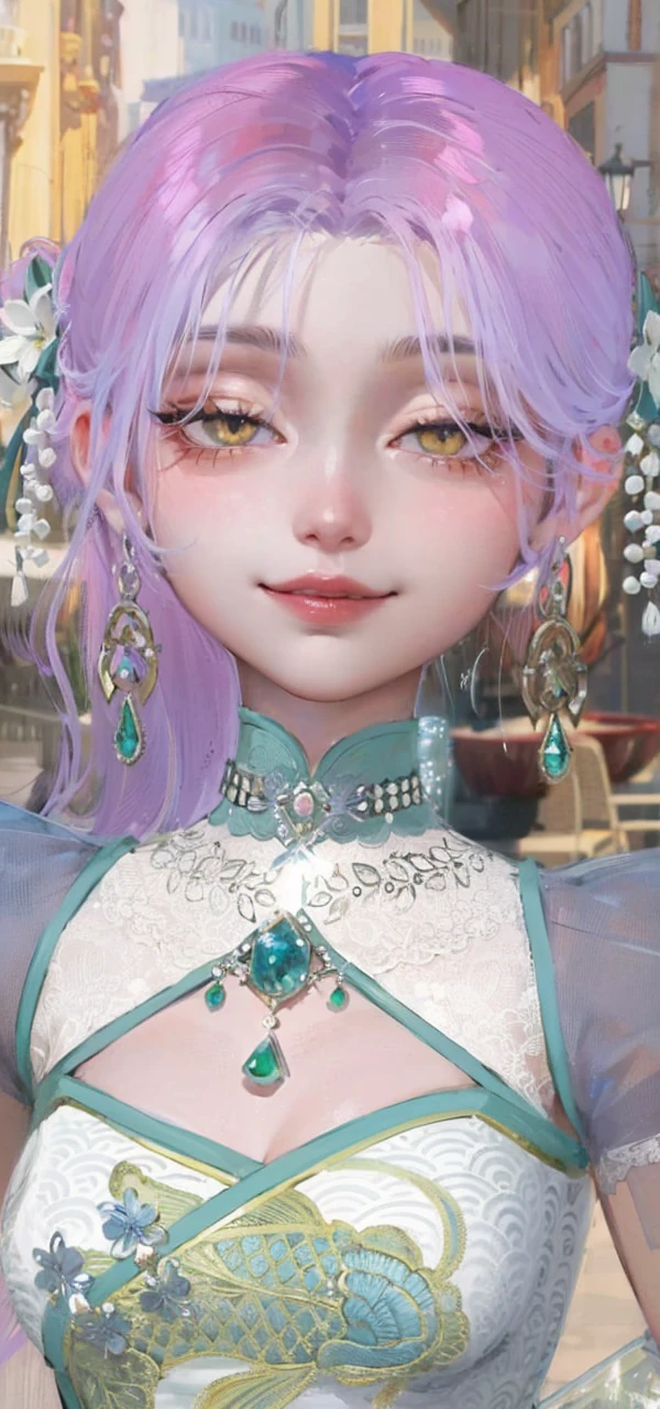 Best quality, masterpiece, purple eyes, high quality hair, purple hair, yellow eyes, high quality eyes