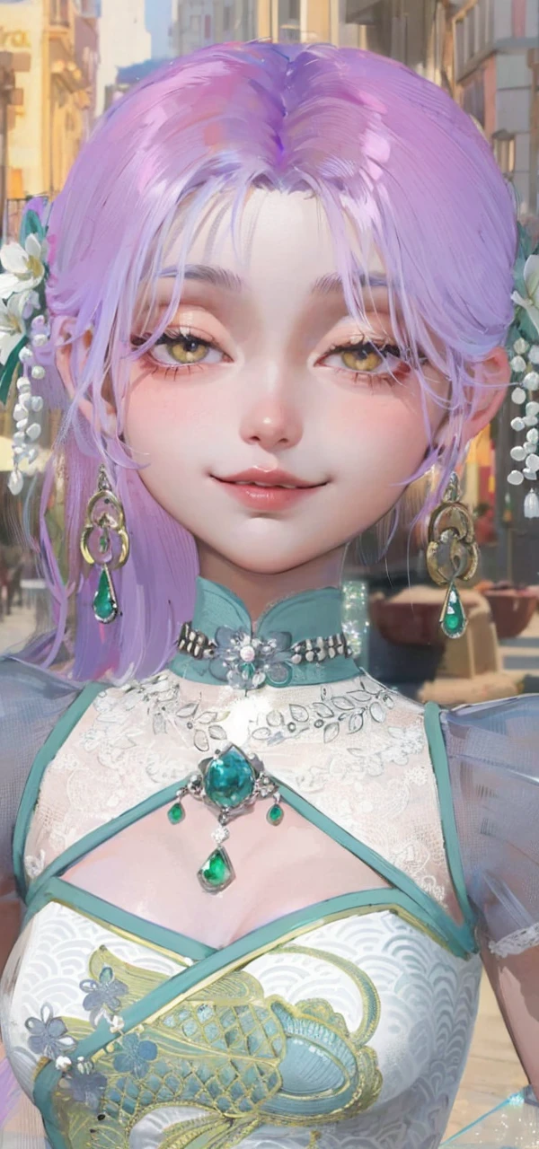Best quality, masterpiece, purple eyes, high quality hair, purple hair, yellow eyes, high quality eyes