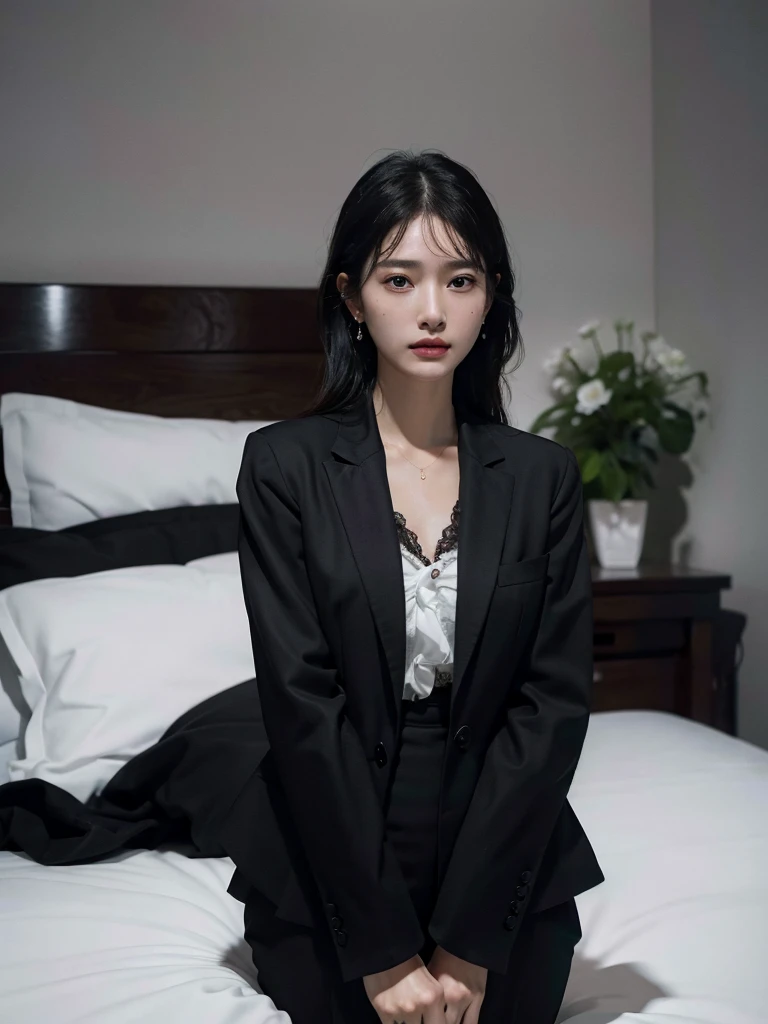 absurdres, RAW photo, extremely delicate and beautiful, masterpiece, Best Quality, ultra high resolution, 32k, hyperrealistic, ultra-detailed, delicate facial features, beautiful detailed woman, tearful mole, earring, medium breasts, ((full body shot)), medium hair, black hair, ((office lady suit)), blazer, wet, bed,