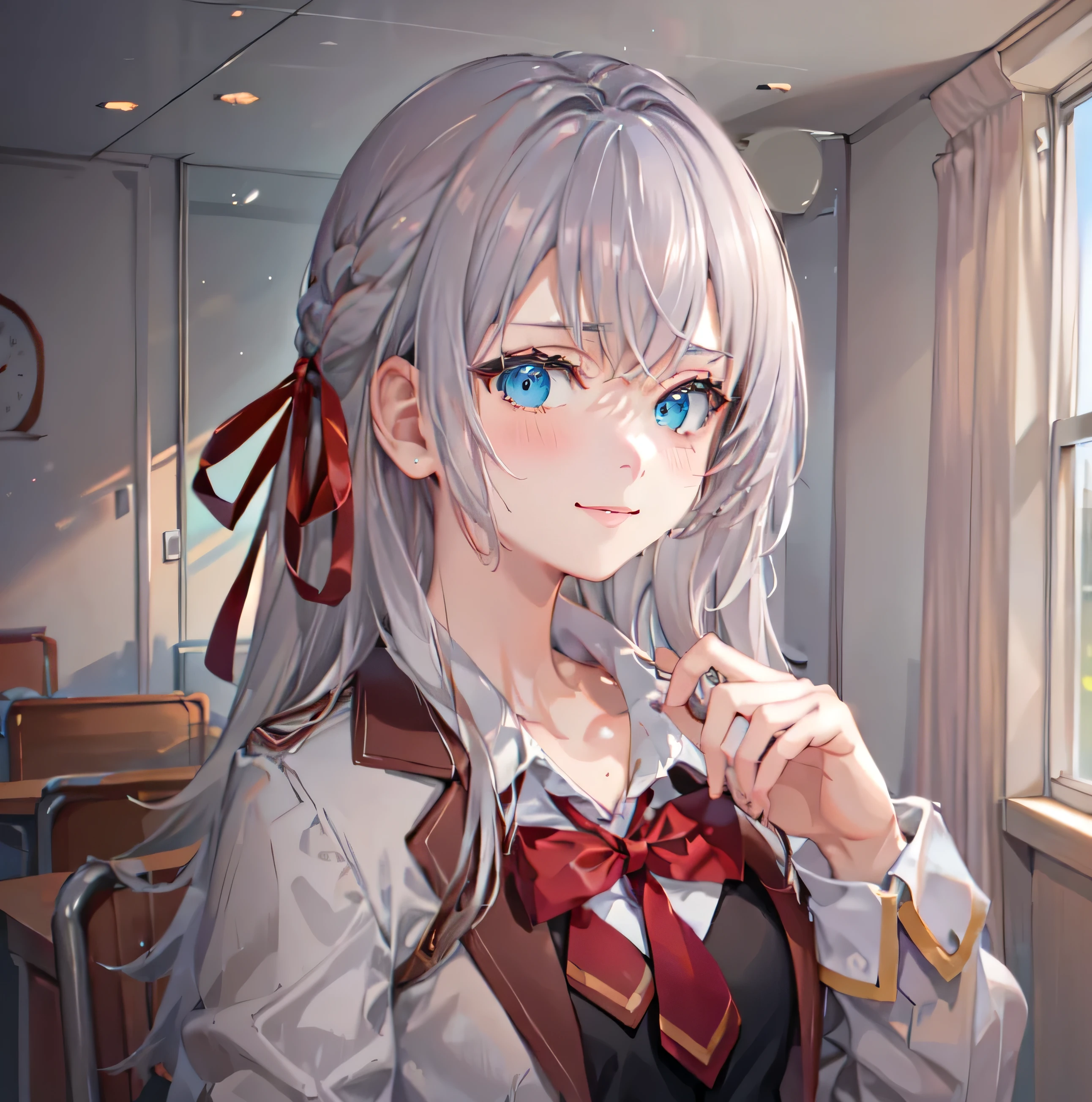 masterpiece, High resolution, Highest quality, figure, Cinematic Light, Super detailed, Detailed face, (Fine grain), Highest quality, Super detailed, masterpiece, (Detailed face), Alisa Kujou, One girl, Long Hair, blue eyes, shirt, bow, ribbon, ,White jacket, hair ribbon, (Gray Hair), Focus Only, bowtie, View the viewer, red bow, red ribbon, red bowtie, (school uniform),close, One person、front、smile