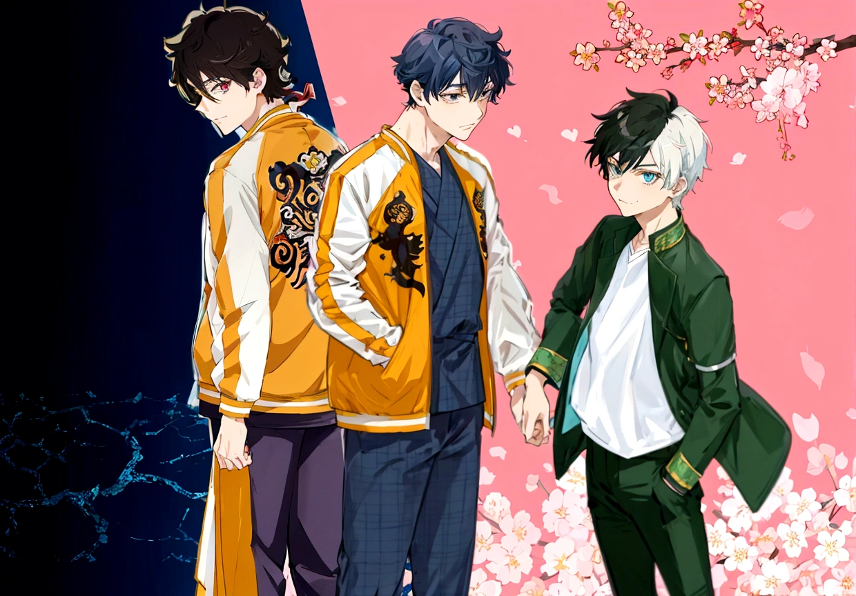 anime characters next to each other in front of a pink background, inspired by Okumura Masanobu, anime cover, bishounen, koyoharu gotouge, anime styling 2022, 2 0 2 2 anime styling, anime styling, anime styling, male anime style, apenas anime styling, two handsome anime men, shonen style