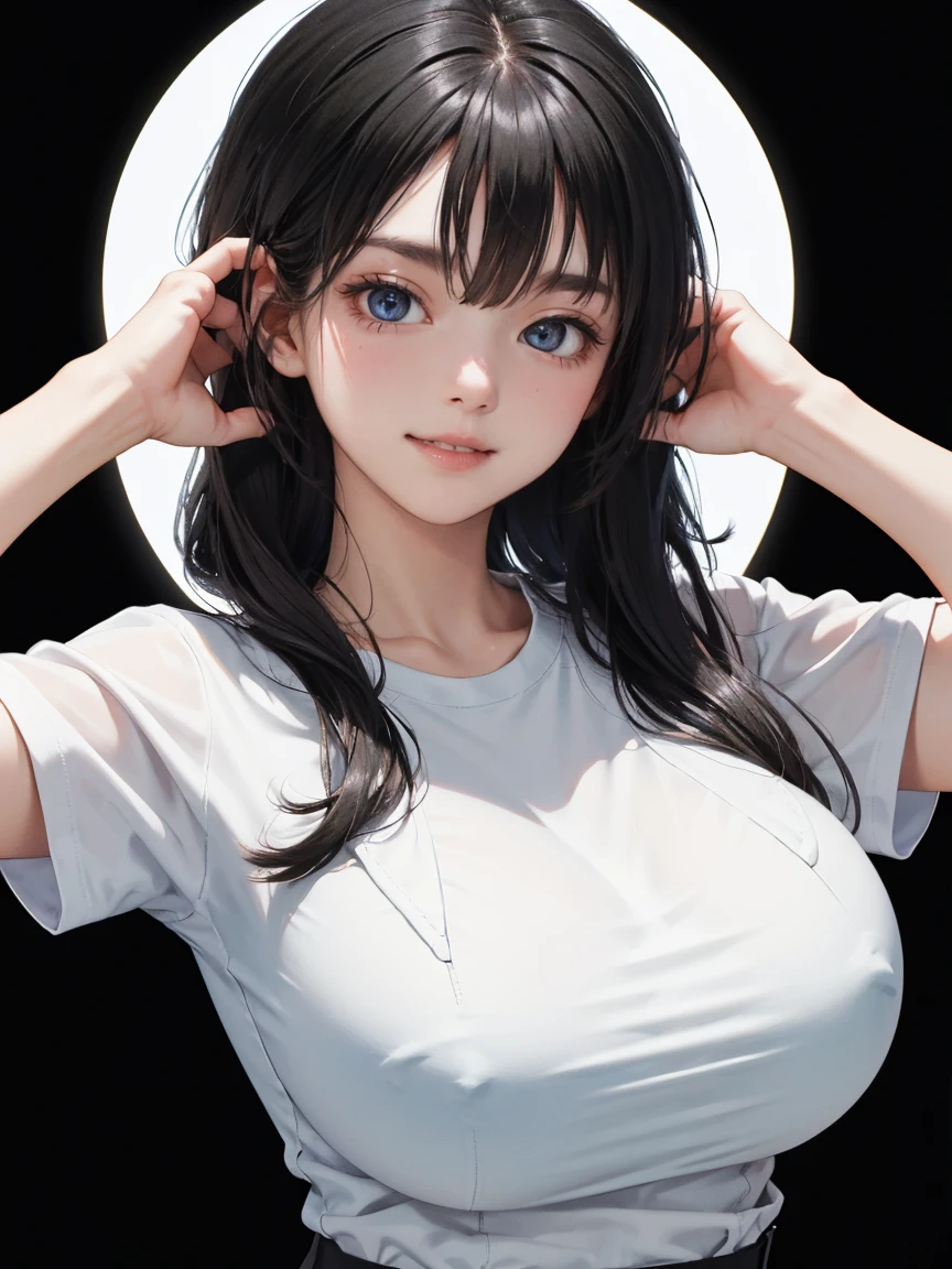 detailed eyes ,huge breasts , Gorgeous hairstyles , portrait , white t-shirt , black background , black hair , smile , black eyes