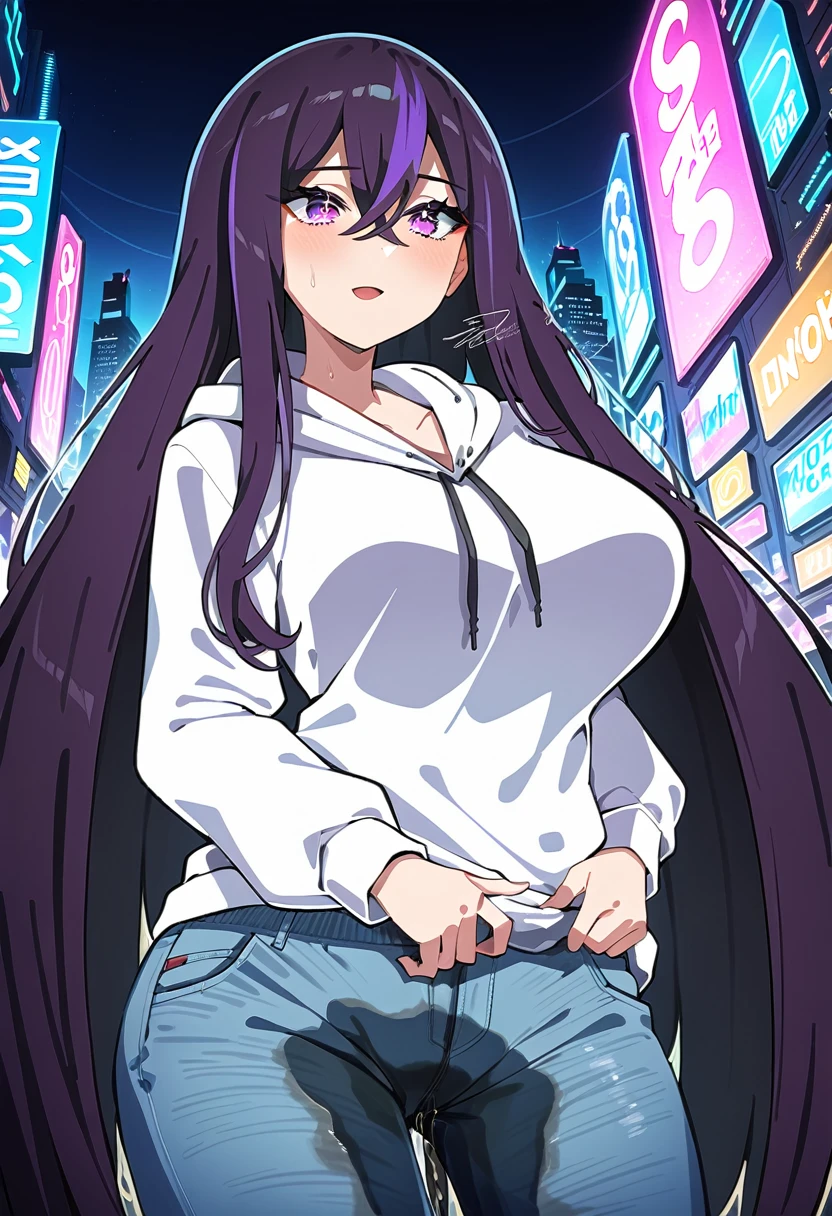 (masterpiece:1.37), best quality, (extremely detailed:1.37), woman, mature, adult, large breasts, (very long hair:1.5), dark purple hair, purple eyes, (extremely detailed eyes:1.37), hoodie, jeans, desperation, (wetting: self 3.0), standing, city, futuristic, neon lighting, high-tech