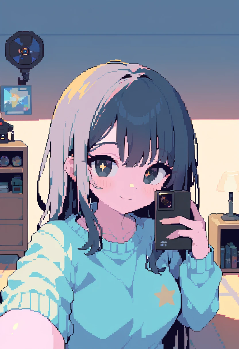 pixel art, Veronica Cipher ((upper body selfie, hapiness的)), Masterpiece, Superior quality, ultra detailed, alone, exterior, (evening), ROOM, gamer, (Star, officer) hapiness, hapiness的, sweater, have, flashlight, wood, Get rich, shadow, Compared, clear sky, analogy style (View viewer:1.2) (texture) (film grain: 1.3), (cold colors, pastel colors): 1.2), close up, movie light, Side light, ultra high resolution, 背心shadow, RAW, wear a sweater, Kodak Vision 3, girl, black eyes, black fur, wide, messy fur, Intense pink skin.