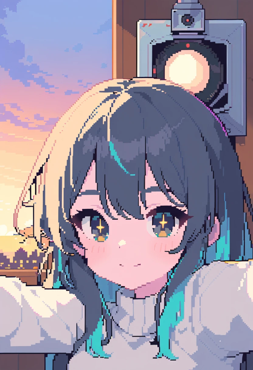 pixel art, Veronica Cipher ((upper body selfie, hapiness的)), Masterpiece, Superior quality, ultra detailed, alone, exterior, (evening), ROOM, gamer, (Star, officer) hapiness, hapiness的, sweater, have, flashlight, wood, Get rich, shadow, Compared, clear sky, analogy style (View viewer:1.2) (texture) (film grain: 1.3), (cold colors, pastel colors): 1.2), close up, movie light, Side light, ultra high resolution, 背心shadow, RAW, wear a sweater, Kodak Vision 3, girl, black eyes, black fur, wide, messy fur, Intense pink skin.