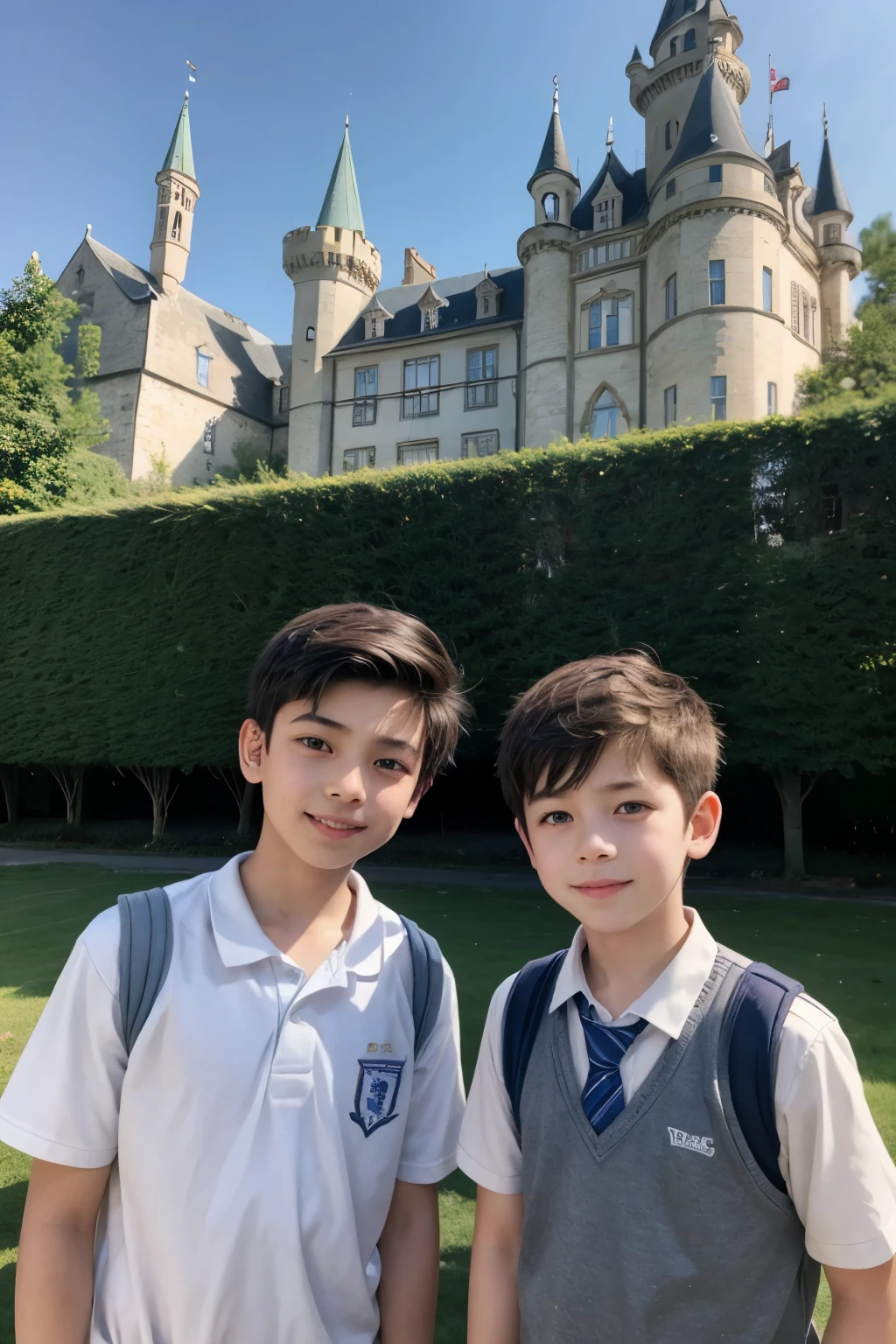 Two boys, giving a hand and a, background with one half a school and the other a castle.