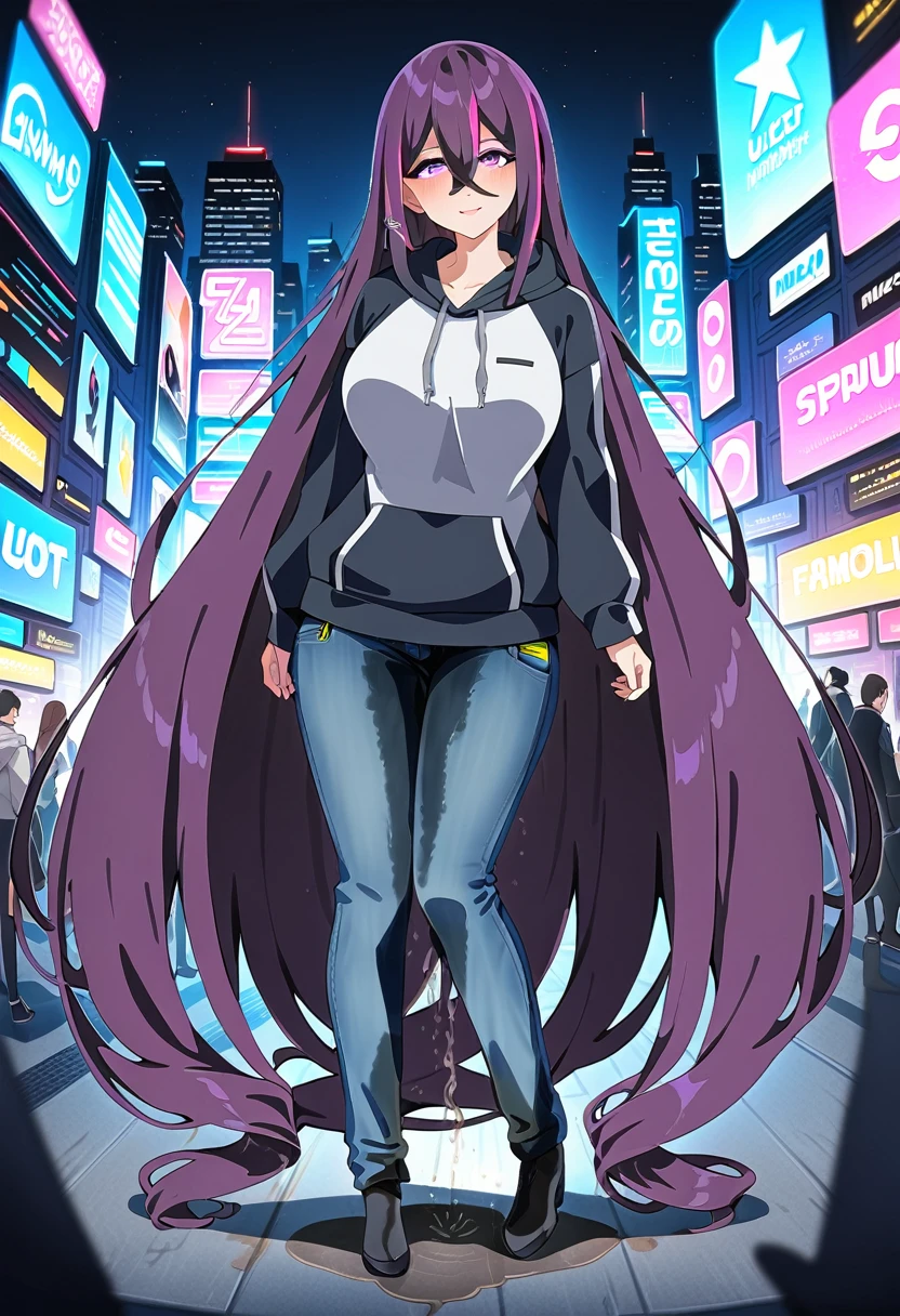 (masterpiece:1.37), best quality, (extremely detailed:1.37), woman, mature, adult, large breasts, (very long hair:1.5), dark purple hair, purple eyes, (extremely detailed eyes:1.37), hoodie, jeans, desperation, (wetting: self 3.0), standing, city, futuristic, neon lighting, high-tech, full body