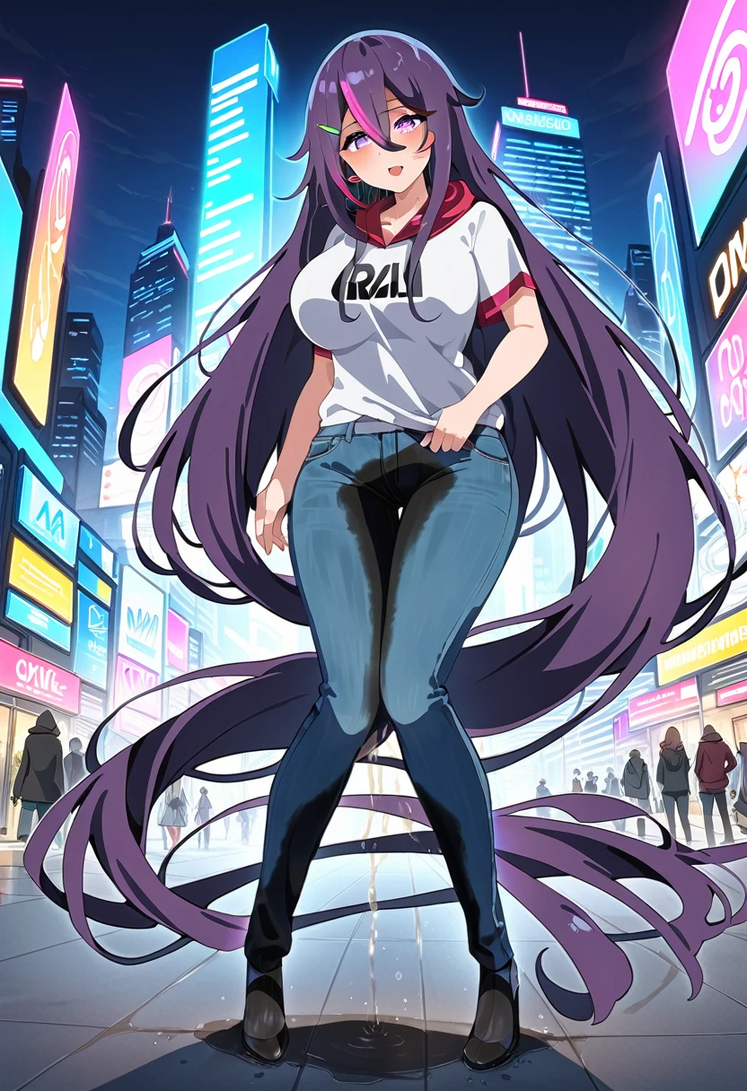 (masterpiece:1.37), best quality, (extremely detailed:1.37), woman, mature, adult, large breasts, (very long hair:1.5), dark purple hair, purple eyes, (extremely detailed eyes:1.37), hoodie, jeans, desperation, (wetting self:2.0), standing, city, futuristic, neon lighting, high-tech, full body