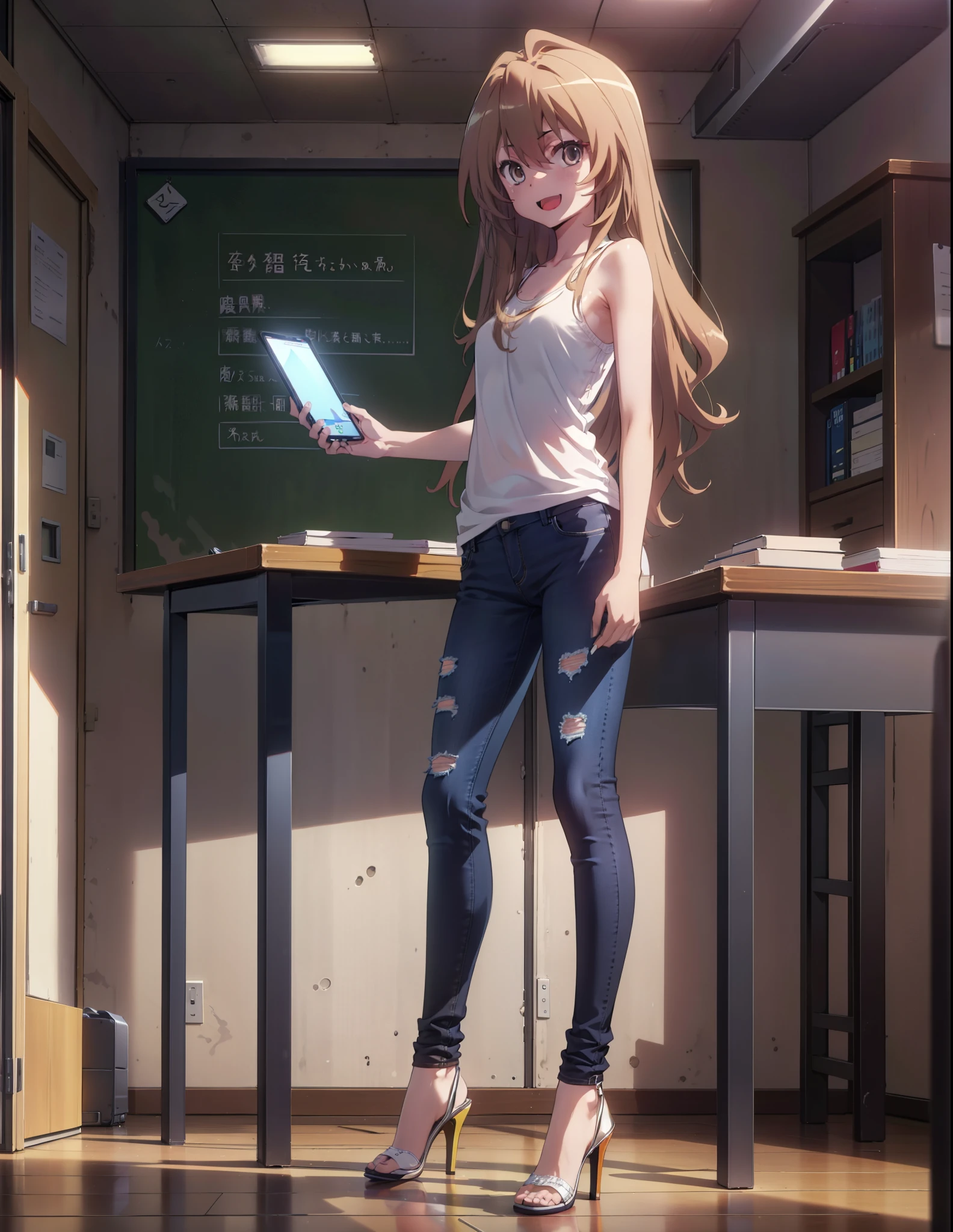 taiga aisaka, taiga aisaka, Long Hair, Brown Hair, Brown eyes,happy smile, smile, Open your mouth,Brown tank top,Skinny jeans,Stiletto heels,There is a computer on the table,interior,Chair,Are standing,whole bodyがイラストに入るように,
break indoors, office,
break looking at viewer, whole body,
break (masterpiece:1.2), Highest quality, High resolution, unity 8k wallpaper, (shape:0.8), (Beautiful attention to detail:1.6), Highly detailed face, Perfect lighting, Highly detailed CG, (Perfect hands, Perfect Anatomy),
