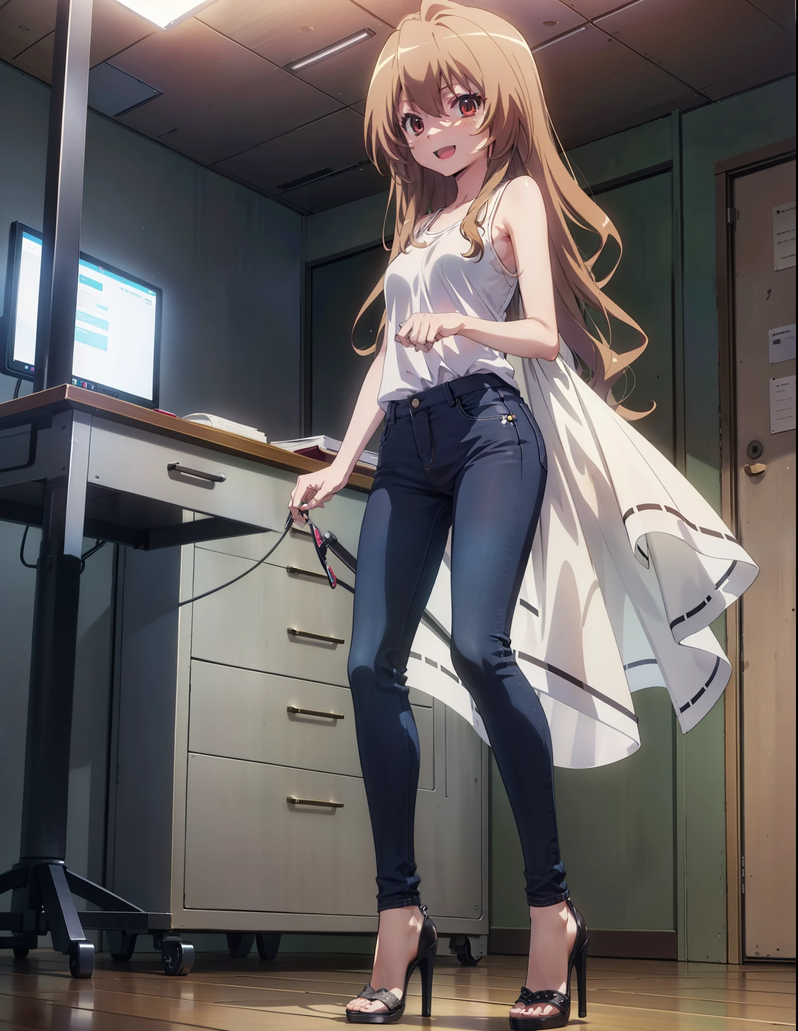 taiga aisaka, taiga aisaka, Long Hair, Brown Hair, Brown eyes,happy smile, smile, Open your mouth,Brown tank top,Skinny jeans,Stiletto heels,There is a computer on the table,interior,Chair,Are standing,whole bodyがイラストに入るように,
break indoors, office,
break looking at viewer, whole body,
break (masterpiece:1.2), Highest quality, High resolution, unity 8k wallpaper, (shape:0.8), (Beautiful attention to detail:1.6), Highly detailed face, Perfect lighting, Highly detailed CG, (Perfect hands, Perfect Anatomy),