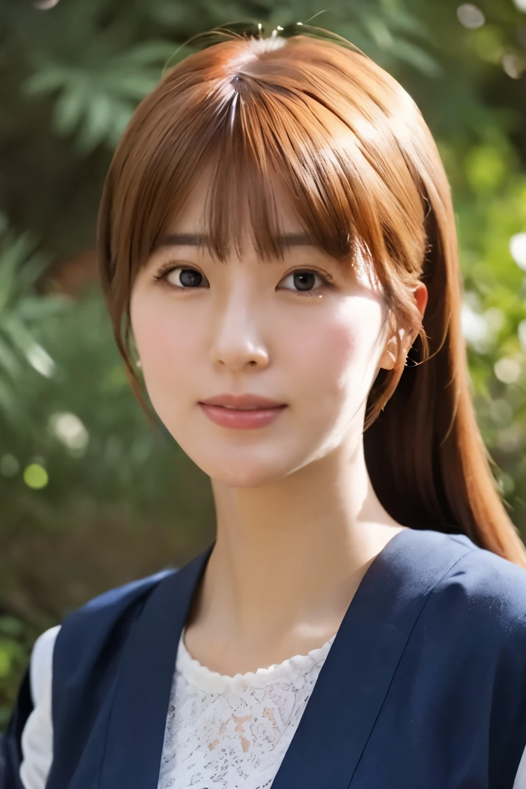 a Japanese woman, 30 years old, cute face, detailed face, detailed eyes, ((orange hair)), long hair, 1 girl, (realistic: 1.3), finely, quality, (masterpiece: 1.2), (photorealistic: 1.2), (best quality), (fine skin: 1.3), (intricate details), in the forest, dramatic, ray tracing, Basking in the shadows, visual novel, full of hope, moonlight, film grain, kodak gold 200, The depth of field is 200mm, flicker