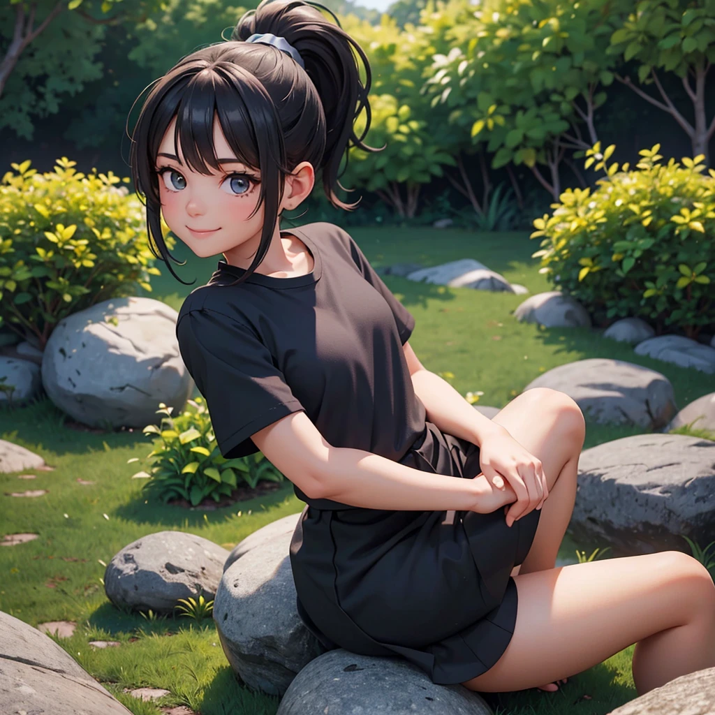 girl with ponytail hair sitting on a rock with a garden, black shirt in the background, her hands are resting on the rock she looks at the camera with a beautiful smile
