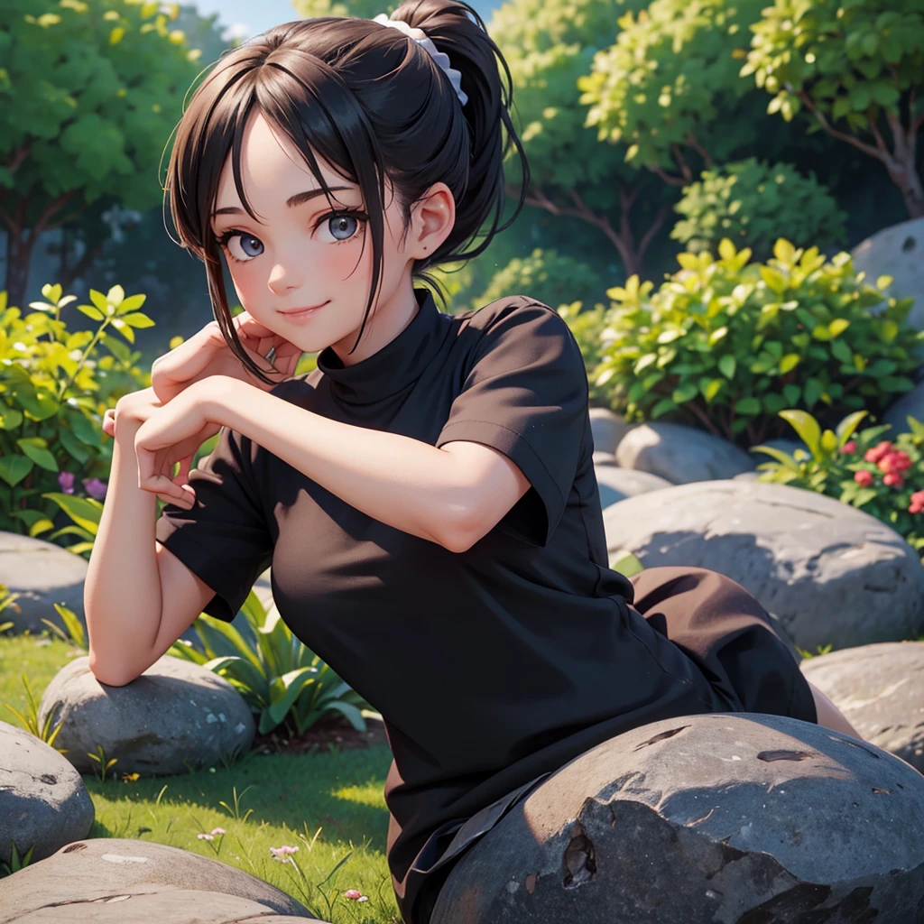 girl with ponytail hair sitting on a rock with a garden, black shirt in the background, her hands are resting on the rock she looks at the camera with a beautiful smile