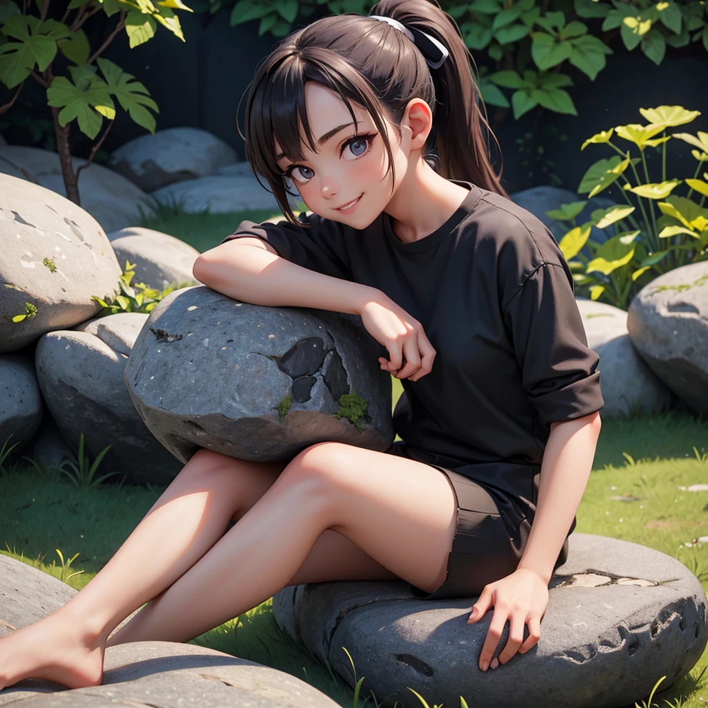 girl with ponytail hair sitting on a rock with a garden, black shirt in the background, her hands are resting on the rock she looks at the camera with a beautiful smile
