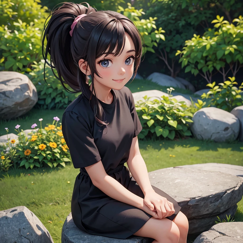 girl with ponytail hair sitting on a rock with a garden, black shirt in the background, her hands are resting on the rock she looks at the camera with a beautiful smile
