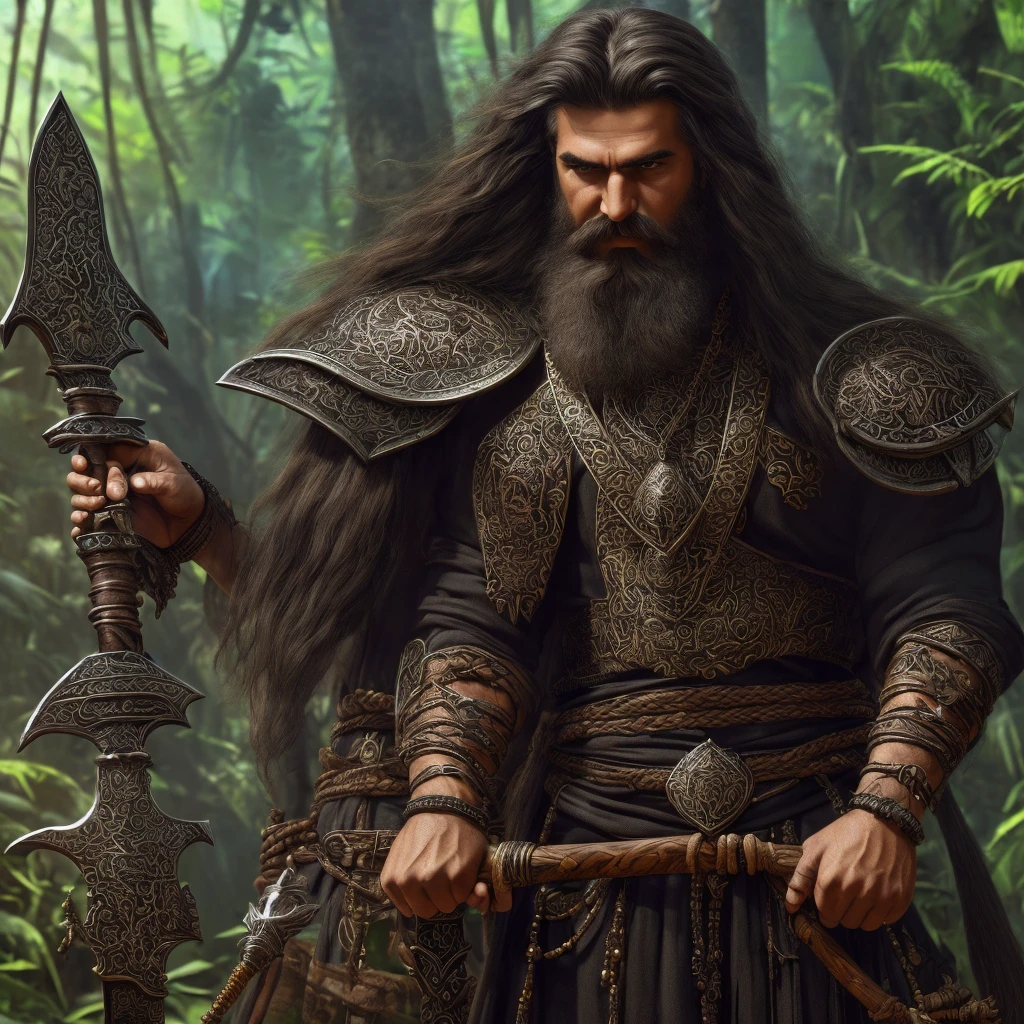 masterpiece,(best quality, illustration,detailed face:1.3), Front T Pose Image of a Powerful Mage , Full bearded, Wheatish Complexion, Muscular, Wearing Black Bead Bracelet and Black Bead Necklace, Wrapped in Saffron Clothing, Wearing a Black Wooden Sandal, Long Hair covering his face, Holding a Battle Axe in one hand, a Jungle