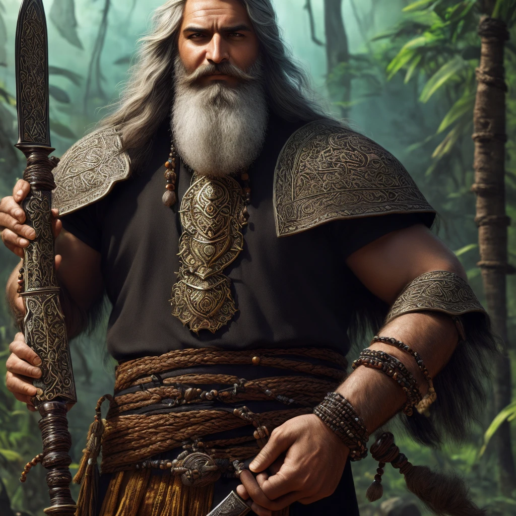 masterpiece,(best quality, illustration,detailed face:1.3), Front T Pose Image of a Powerful Mage , Full bearded, Wheatish Complexion, Muscular, Wearing Black Bead Bracelet and Black Bead Necklace, Wrapped in Saffron Clothing, Wearing a Black Wooden Sandal, Long Hair covering his face, Holding a Battle Axe in one hand, a Jungle
