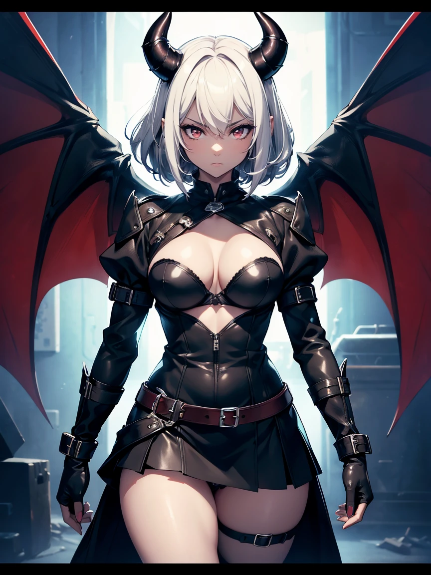 concept art, video game concept art, hentai game, anime, full body, best quality, masterpiece, maximum detail, high resolution, (((anime))), (((waifu))), (((hentai))), perfect anatomy, from the front, detailed background, High quality, incredible details, absurd res, full shot, ambient lighting, illuminated, female, (CharacterSheet:1), (multiple views, full body, upper body, reference sheet:1) photo(portrait, from the front, close up, facing camera) of a woman(solo, succubus, short hair, wavy hair, white hair, pale skin, executioner, small nose, red eyes, cruel face, black horns, sadistic, violent, evil, perverted, grim, cold, Black demonic wings, Black demonic tail, Thick thighs, Big tits, Short leather skirt, Leather bra, Leathaer boots, Leather gloves), hentai game, anime, best quality, masterpiece, maximum detail, high resolution