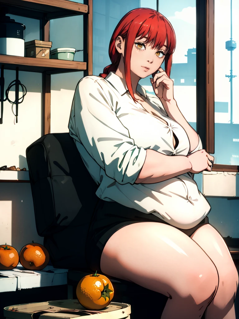 Le personnage Makima de la série animée Chainsaw Man, fragile, obésité morbide, ssbbw, pleine longueur (corps entier 1.1.), fond sombre, obscurité, anatomie correcte 1.1, anatomie correcte de la main, Très féminin, corps gras et rond, grosses Jambes, fesses, beau corps obèse, ventre rond et mou très gras, ventre visible, cheveux roux, Yeux oranges, Cercles rouges pour les écoliers, chemise blanche, jupe noire, cravate noire, pose sexy, réaliste, very détaillé, beau corps, détaillé body, détaillé hands, détaillé, vibrant, détaillé Face, Conception des personnages de Makima. very détaillé, détaillé body, détaillé hands, détaillé Face, Art animé, Hugh Détails, Visage très abattu, détaillé eyes, Illustration ultra fine, Meilleure ombre, détail fin, beautiful détaillé glow, beautiful détaillé, Extraordinairement beau, extremely détaillé, inexpressif, composition épique, Style animé. art animé, Style animé. Jupe noire, chemise blanche, cravatte, pose sexy