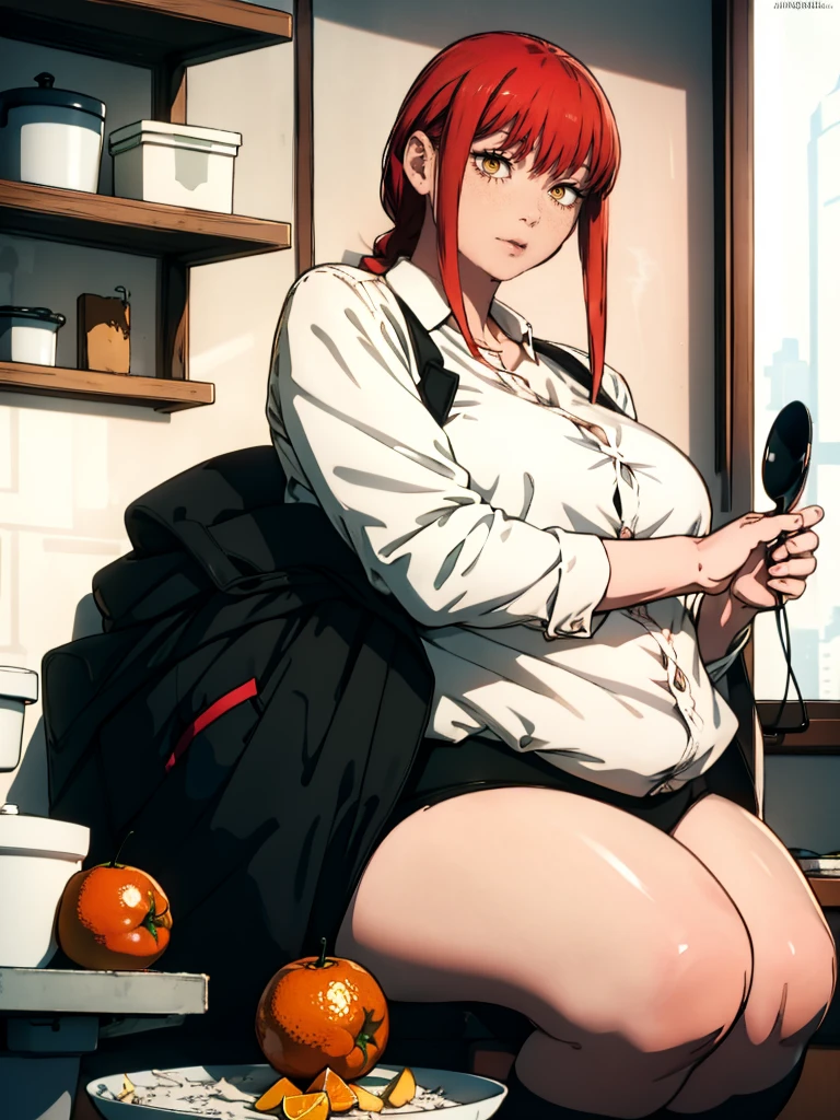 Le personnage Makima de la série animée Chainsaw Man, fragile, obésité morbide, ssbbw, pleine longueur (corps entier 1.1.), fond sombre, obscurité, anatomie correcte 1.1, anatomie correcte de la main, Très féminin, corps gras et rond, grosses Jambes, fesses, beau corps obèse, ventre rond et mou très gras, ventre visible, cheveux roux, Yeux oranges, Cercles rouges pour les écoliers, chemise blanche, jupe noire, cravate noire, pose sexy, réaliste, very détaillé, beau corps, détaillé body, détaillé hands, détaillé, vibrant, détaillé Face, Conception des personnages de Makima. very détaillé, détaillé body, détaillé hands, détaillé Face, Art animé, Hugh Détails, Visage très abattu, détaillé eyes, Illustration ultra fine, Meilleure ombre, détail fin, beautiful détaillé glow, beautiful détaillé, Extraordinairement beau, extremely détaillé, inexpressif, composition épique, Style animé. art animé, Style animé. Jupe noire, chemise blanche, cravatte, pose sexy