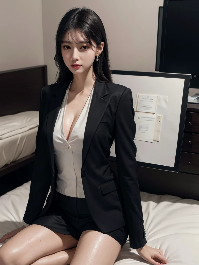 absurdres, RAW photo, extremely delicate and beautiful, masterpiece, Best Quality, ultra high resolution, 32k, hyperrealistic, ultra-detailed, delicate facial features, beautiful detailed woman, tearful mole, earring, medium breasts, ((full body shot)), medium hair, black hair, ((office lady suit)), blazer, wet, bed,