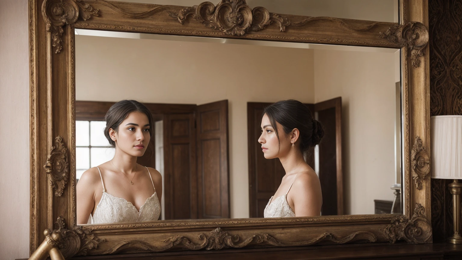 A large ornate antique mirror. The reflection shows a beautiful woman facing her trials, but the image gradually dissolves to reveal modern couples facing similar challenges in everyday life.