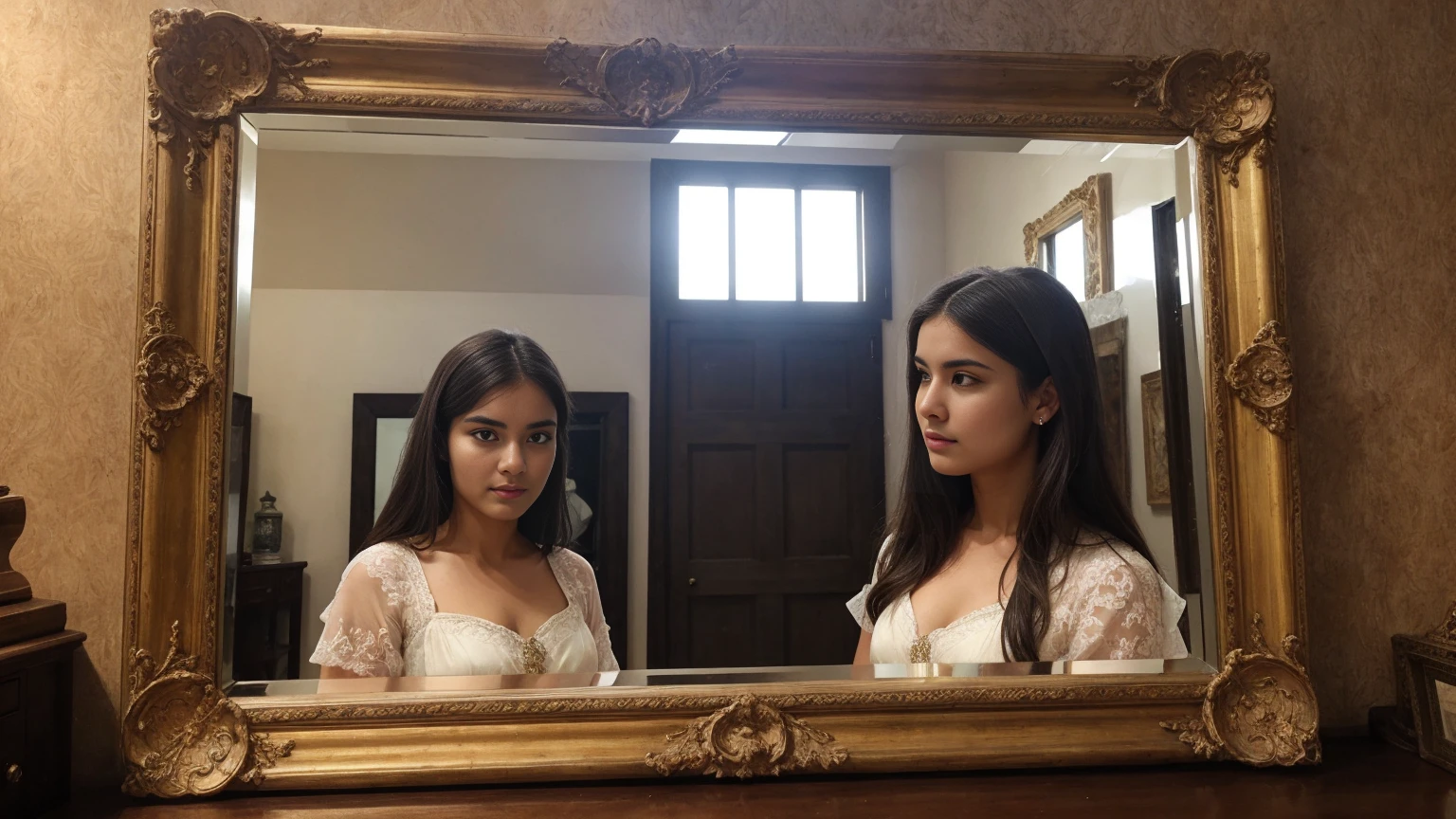 A large ornate antique mirror. The reflection shows a beautiful woman facing her trials, but the image gradually dissolves to reveal modern couples facing similar challenges in everyday life.